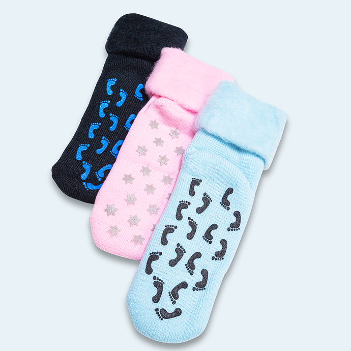 Comfy Non-Slip Bed Socks 3 Pack (Blue, Pink & Black)